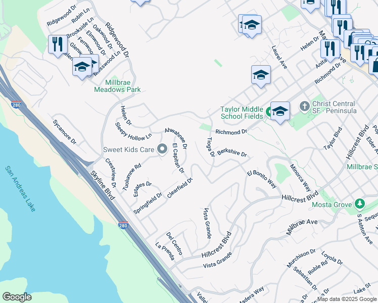 map of restaurants, bars, coffee shops, grocery stores, and more near 870 Ahwahnee Drive in Millbrae
