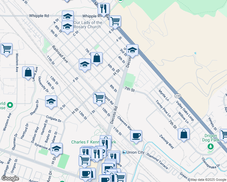 map of restaurants, bars, coffee shops, grocery stores, and more near 33873 8th Street in Union City
