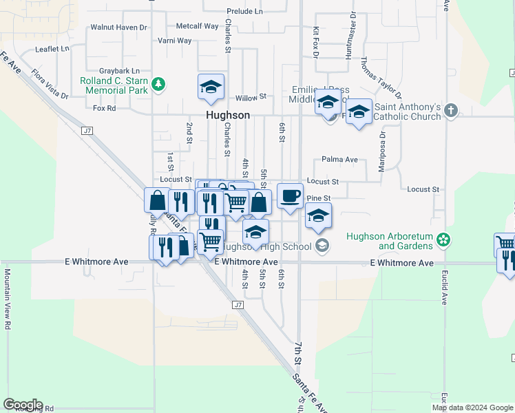 map of restaurants, bars, coffee shops, grocery stores, and more near 2306 4th Street in Hughson