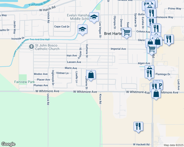 map of restaurants, bars, coffee shops, grocery stores, and more near 801 Park Hurst Way in Modesto