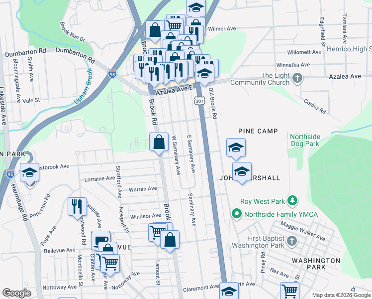 map of restaurants, bars, coffee shops, grocery stores, and more near 4804 East Seminary Avenue in Richmond