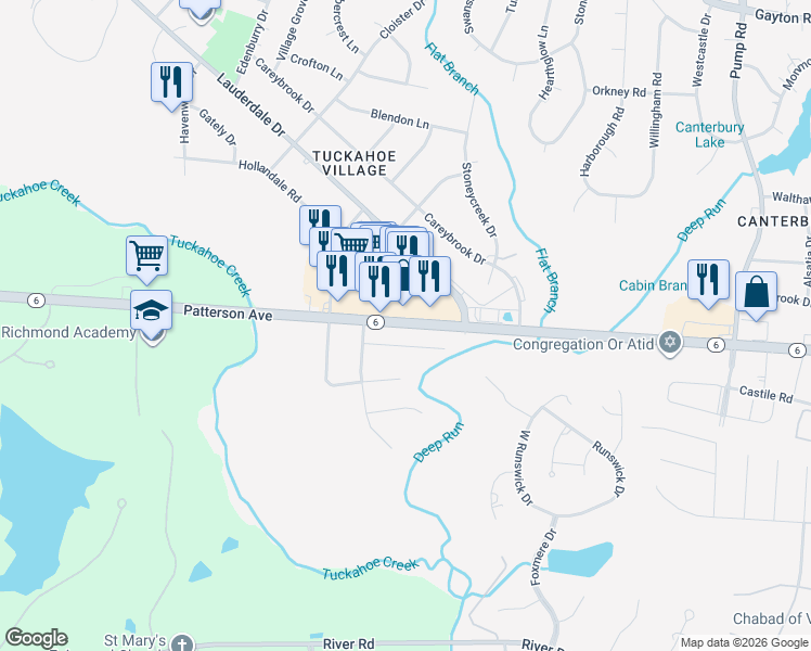 map of restaurants, bars, coffee shops, grocery stores, and more near 11281 Patterson Ave in Henrico