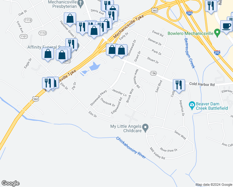 map of restaurants, bars, coffee shops, grocery stores, and more near 7479 Jennifer Lane in Mechanicsville