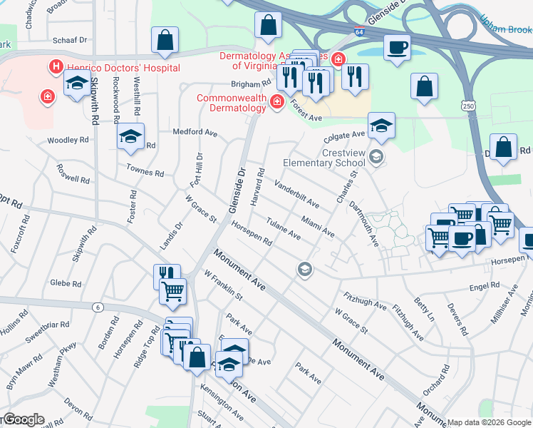 map of restaurants, bars, coffee shops, grocery stores, and more near 7010 Tulane Avenue in Richmond