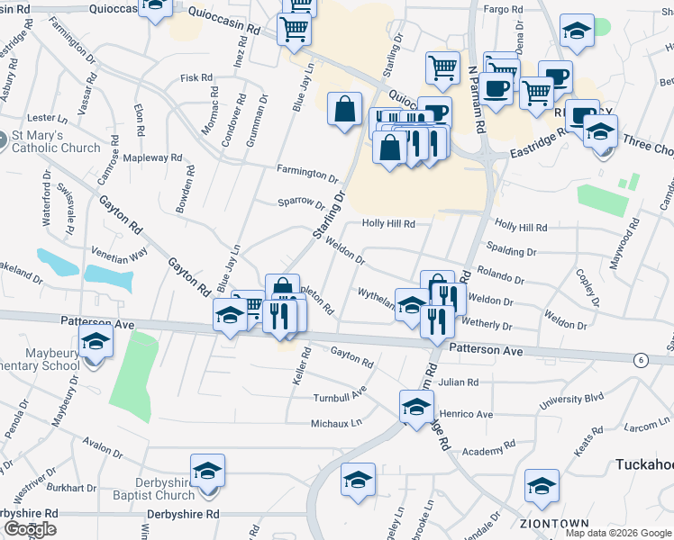 map of restaurants, bars, coffee shops, grocery stores, and more near 1211 Rosecroft Road in Richmond