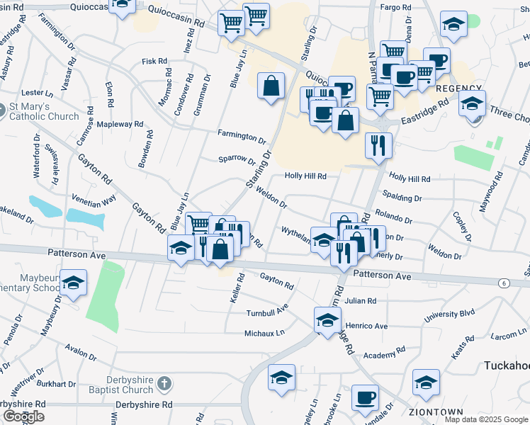 map of restaurants, bars, coffee shops, grocery stores, and more near 1211 Rosecroft Road in Henrico