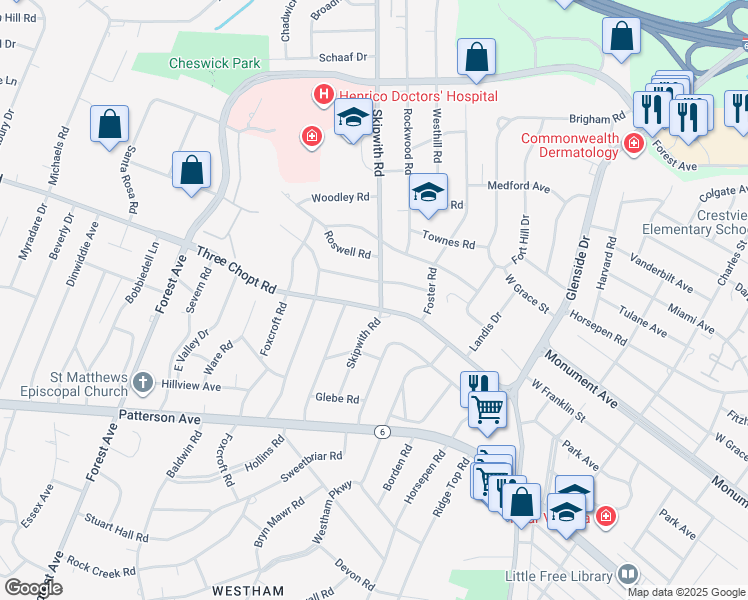 map of restaurants, bars, coffee shops, grocery stores, and more near 7500 Three Chopt Road in Richmond