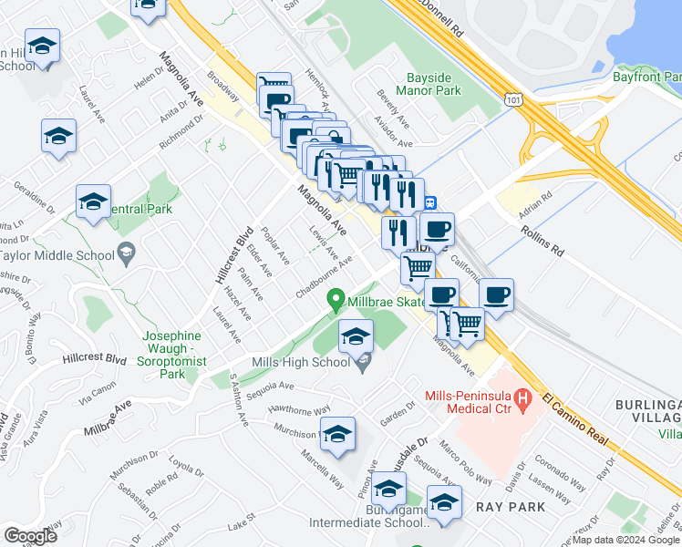 map of restaurants, bars, coffee shops, grocery stores, and more near 85 Lewis Avenue in Millbrae