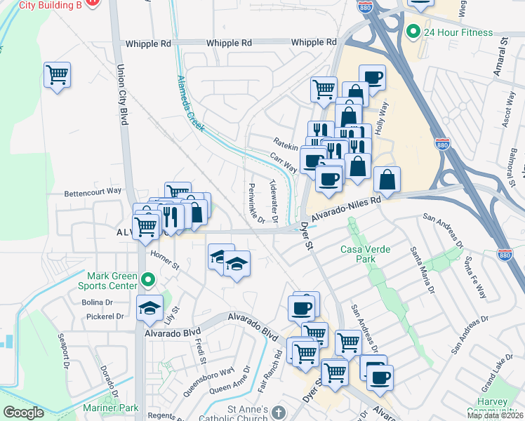 map of restaurants, bars, coffee shops, grocery stores, and more near 3568 Cattail Court in Union City