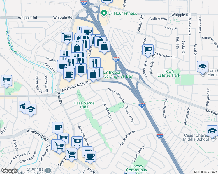 map of restaurants, bars, coffee shops, grocery stores, and more near 31262 San Andreas Drive in Union City
