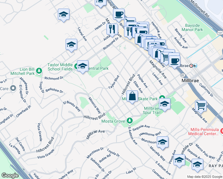 map of restaurants, bars, coffee shops, grocery stores, and more near 711 Taylor Boulevard in Millbrae