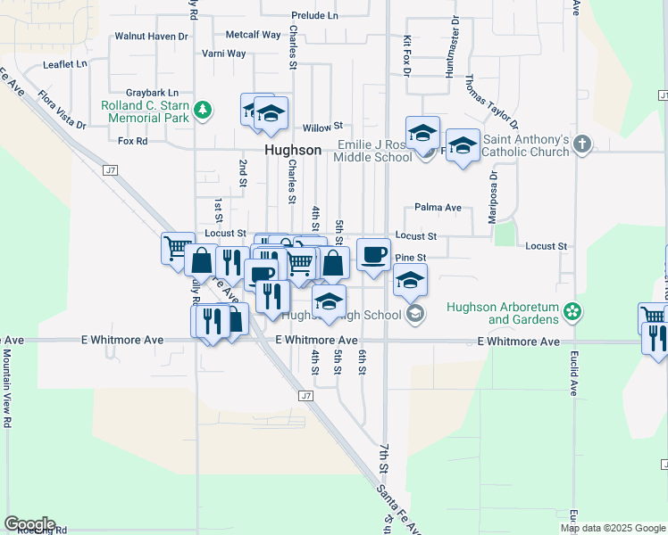 map of restaurants, bars, coffee shops, grocery stores, and more near 2301 5th Street in Hughson