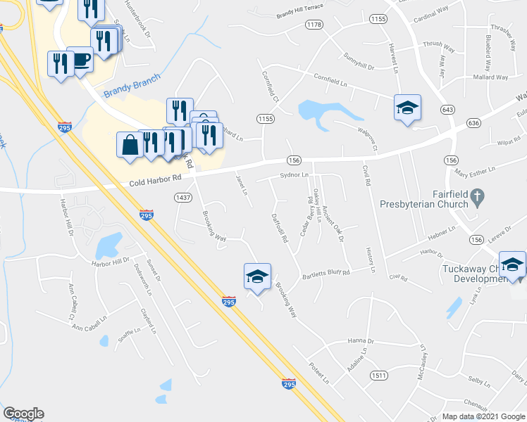 map of restaurants, bars, coffee shops, grocery stores, and more near 7034 Daffodil Rd in Mechanicsville