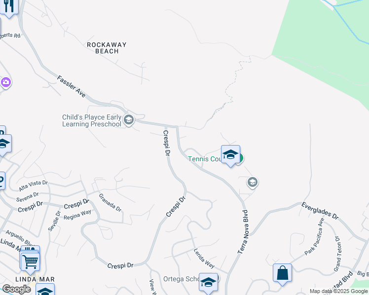 map of restaurants, bars, coffee shops, grocery stores, and more near 1548 Victoria Way in Pacifica