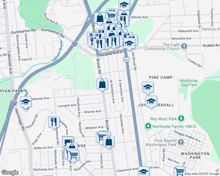 map of restaurants, bars, coffee shops, grocery stores, and more near 4806 West Seminary Avenue in Richmond