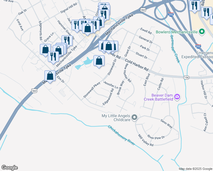 map of restaurants, bars, coffee shops, grocery stores, and more near 7483 Jennifer Lane in Mechanicsville