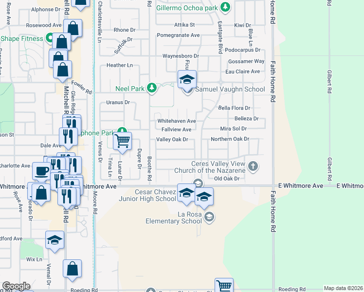 map of restaurants, bars, coffee shops, grocery stores, and more near 3641 Whispering Oak Drive in Ceres