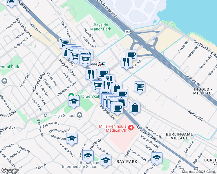 map of restaurants, bars, coffee shops, grocery stores, and more near 199 California Drive in Millbrae