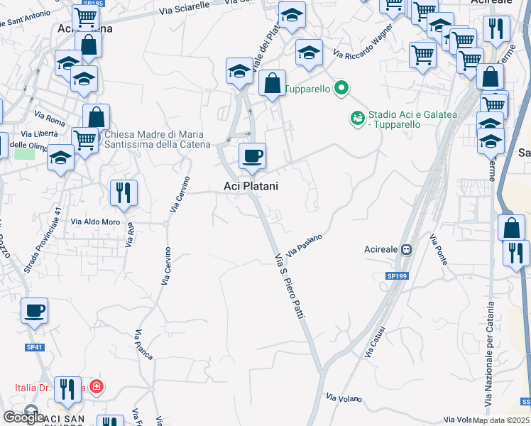 map of restaurants, bars, coffee shops, grocery stores, and more near 91 Via S. Piero Patti in Acireale