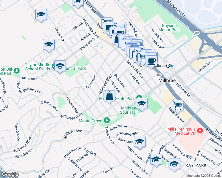 map of restaurants, bars, coffee shops, grocery stores, and more near 250 Palm Avenue in Millbrae