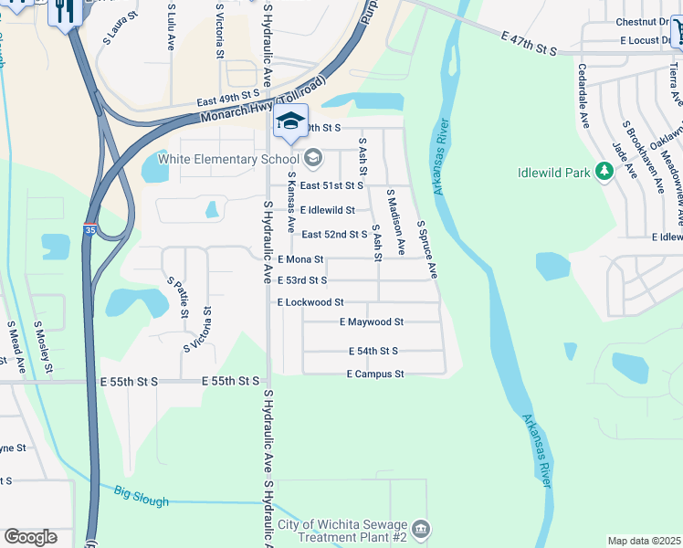 map of restaurants, bars, coffee shops, grocery stores, and more near 1916 East 53rd Street South in Wichita