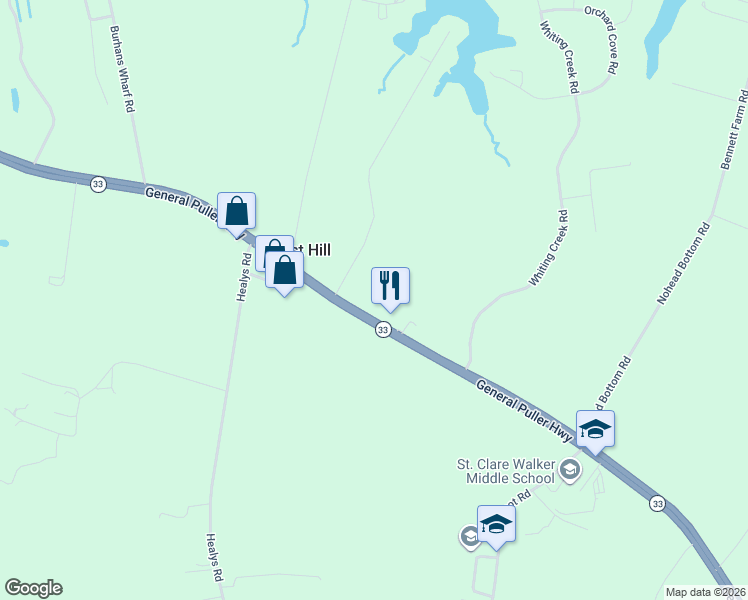 map of restaurants, bars, coffee shops, grocery stores, and more near 6203-6243 General Puller Highway in Locust Hill