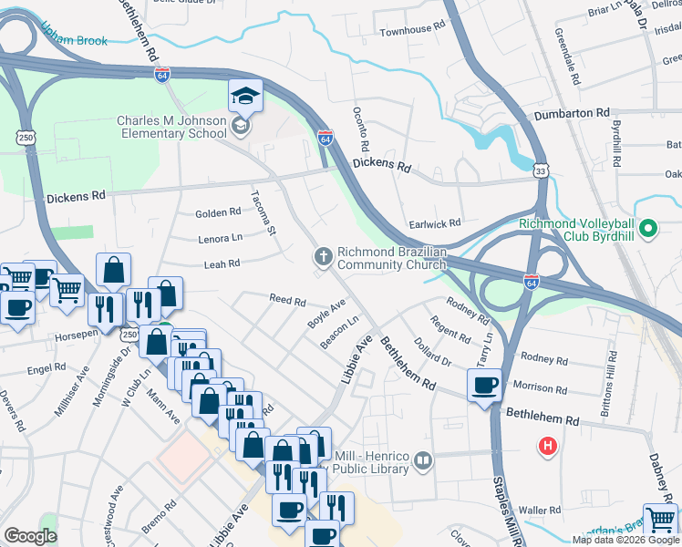 map of restaurants, bars, coffee shops, grocery stores, and more near 2500 Hickory Knoll Lane in Richmond