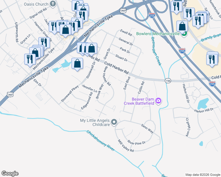 map of restaurants, bars, coffee shops, grocery stores, and more near 7163 New Hunter Road in Mechanicsville