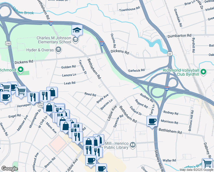 map of restaurants, bars, coffee shops, grocery stores, and more near 2500 Hickory Knoll Lane in Richmond