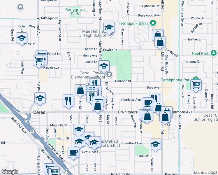map of restaurants, bars, coffee shops, grocery stores, and more near 2132 Eloise Avenue in Ceres