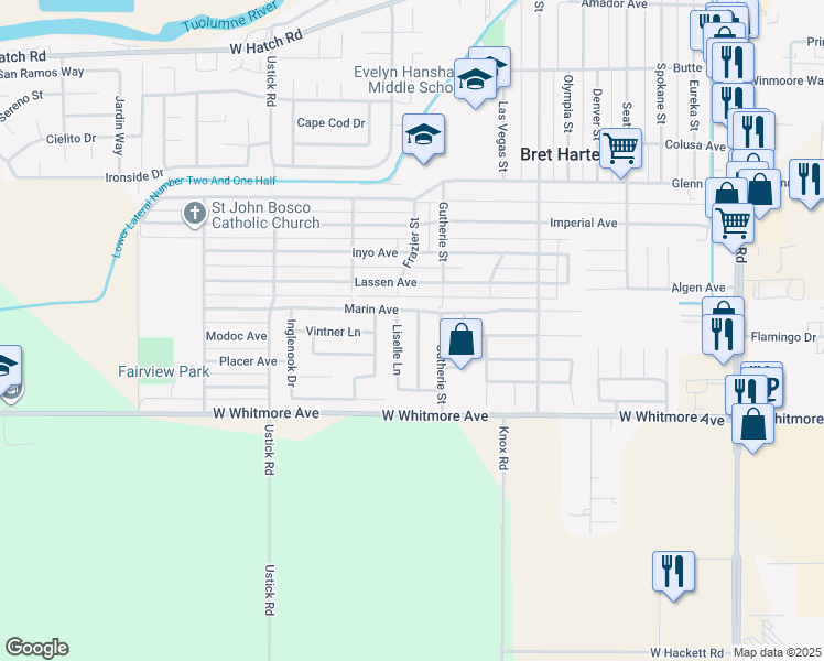 map of restaurants, bars, coffee shops, grocery stores, and more near 2113 Manhattan Way in Modesto