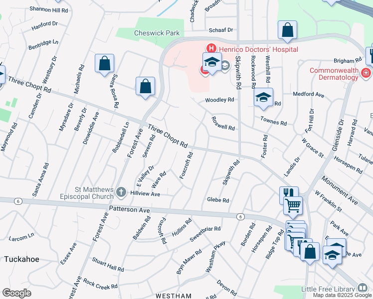 map of restaurants, bars, coffee shops, grocery stores, and more near 7803 Three Chopt Road in Richmond