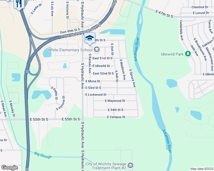 map of restaurants, bars, coffee shops, grocery stores, and more near 1916 E 53rd St S in Wichita