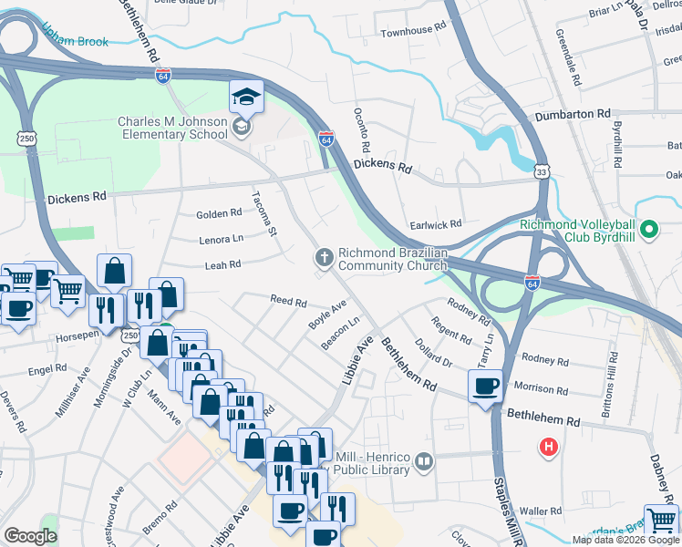 map of restaurants, bars, coffee shops, grocery stores, and more near 2500 Hickory Knoll Lane in Richmond