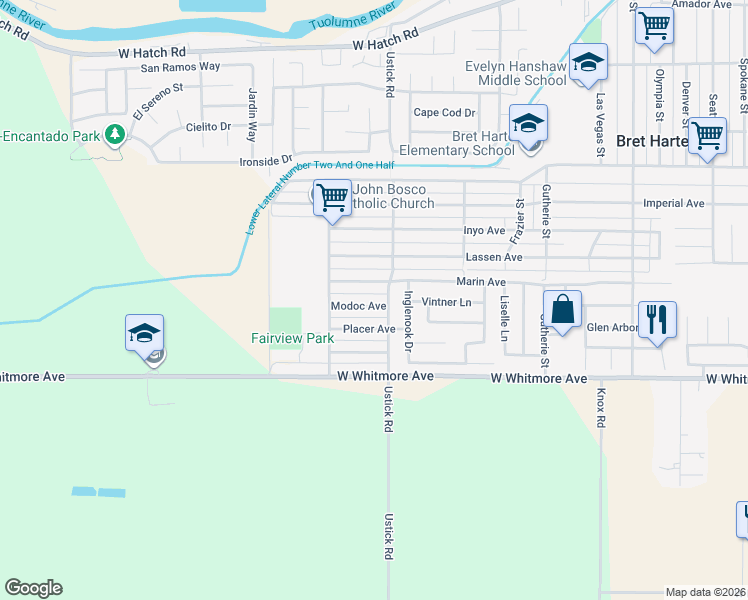 map of restaurants, bars, coffee shops, grocery stores, and more near 1509 Modoc Avenue in Modesto