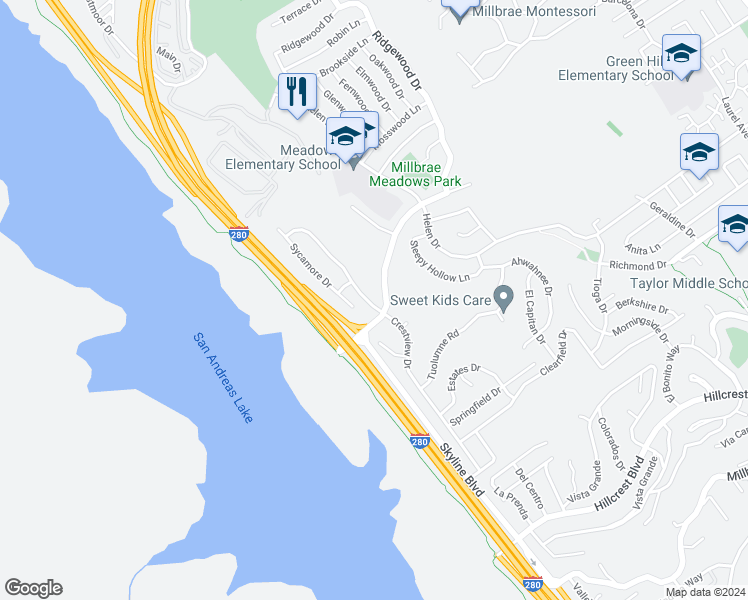 map of restaurants, bars, coffee shops, grocery stores, and more near 1000 Crestview Drive in Millbrae
