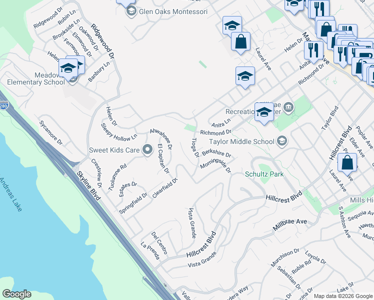 map of restaurants, bars, coffee shops, grocery stores, and more near 825 Tioga Drive in Millbrae