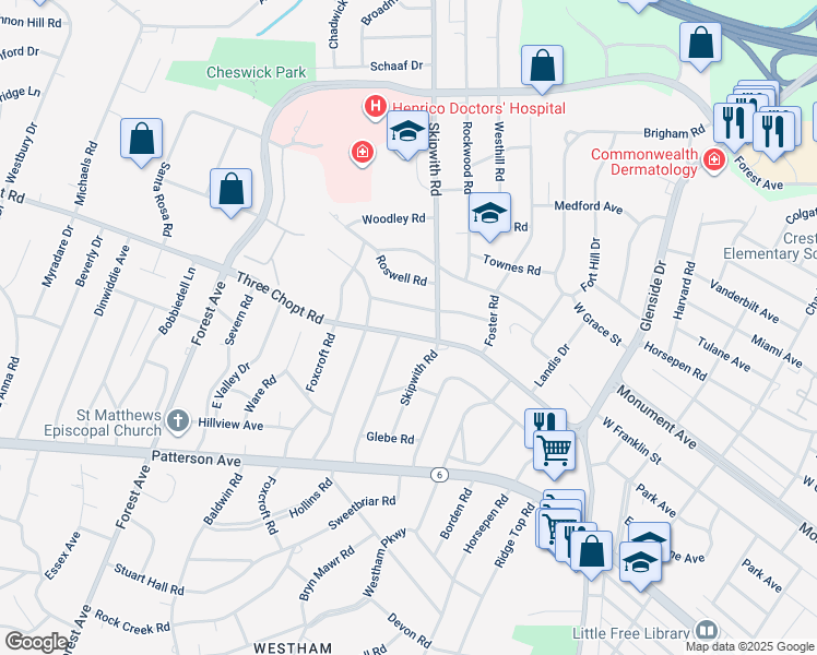 map of restaurants, bars, coffee shops, grocery stores, and more near 7506 Three Chopt Road in Richmond