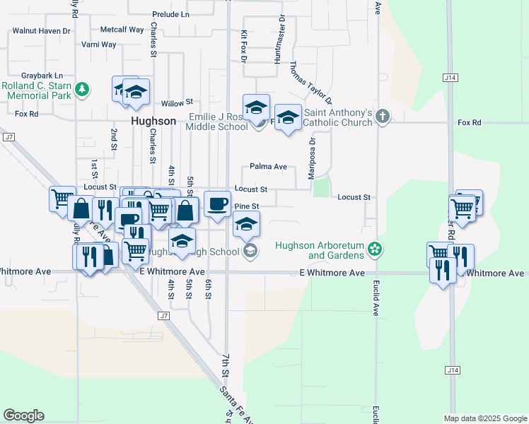 map of restaurants, bars, coffee shops, grocery stores, and more near 7454 Pine Street in Hughson