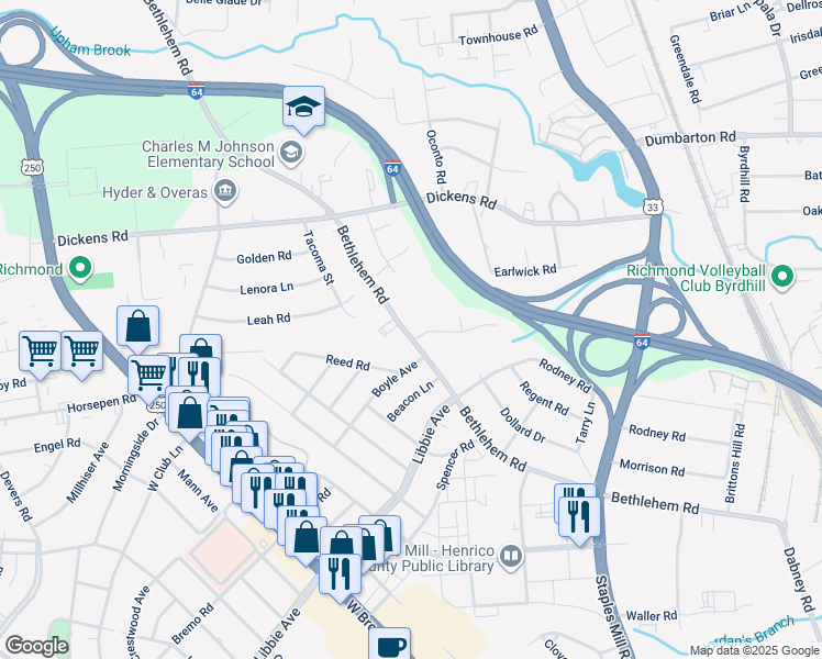 map of restaurants, bars, coffee shops, grocery stores, and more near 2500 Hickory Knoll Lane in Richmond