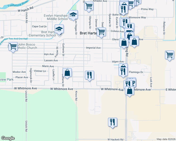 map of restaurants, bars, coffee shops, grocery stores, and more near 621 Park Hurst Way in Modesto