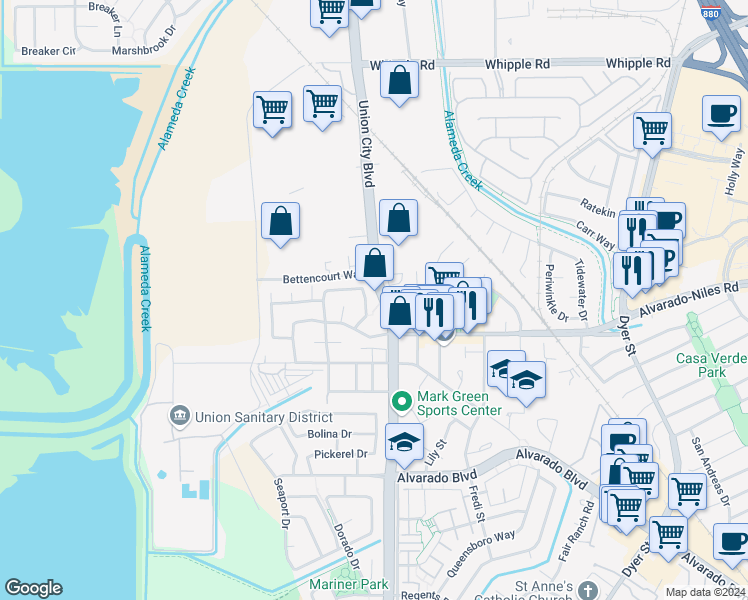 map of restaurants, bars, coffee shops, grocery stores, and more near 30725 Union City Boulevard in Union City