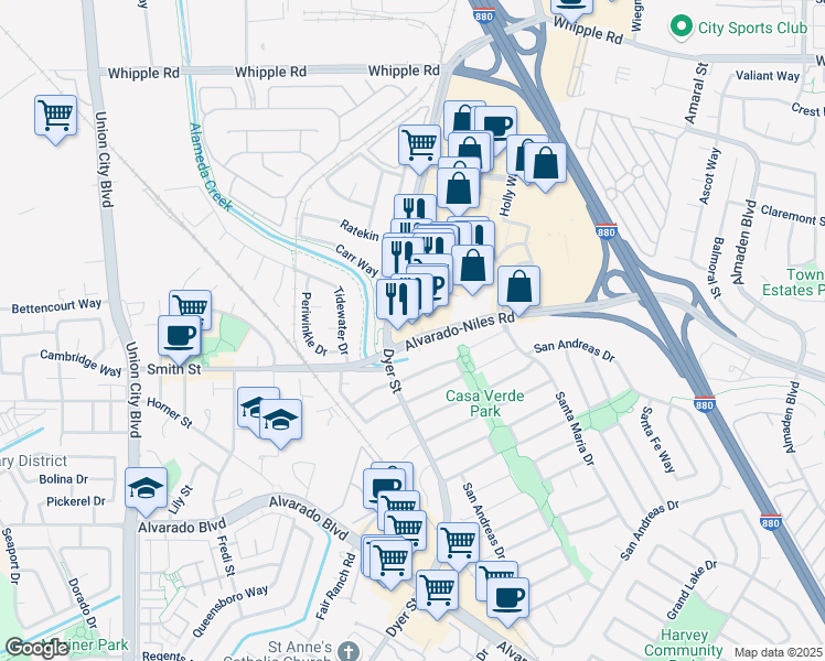 map of restaurants, bars, coffee shops, grocery stores, and more near 32450 Dyer Street in Union City