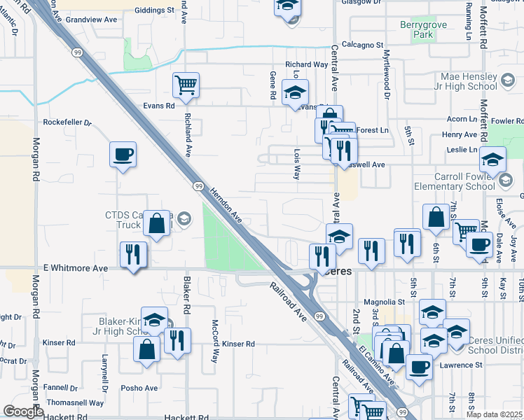 map of restaurants, bars, coffee shops, grocery stores, and more near 1909 Ploutz Road in Ceres