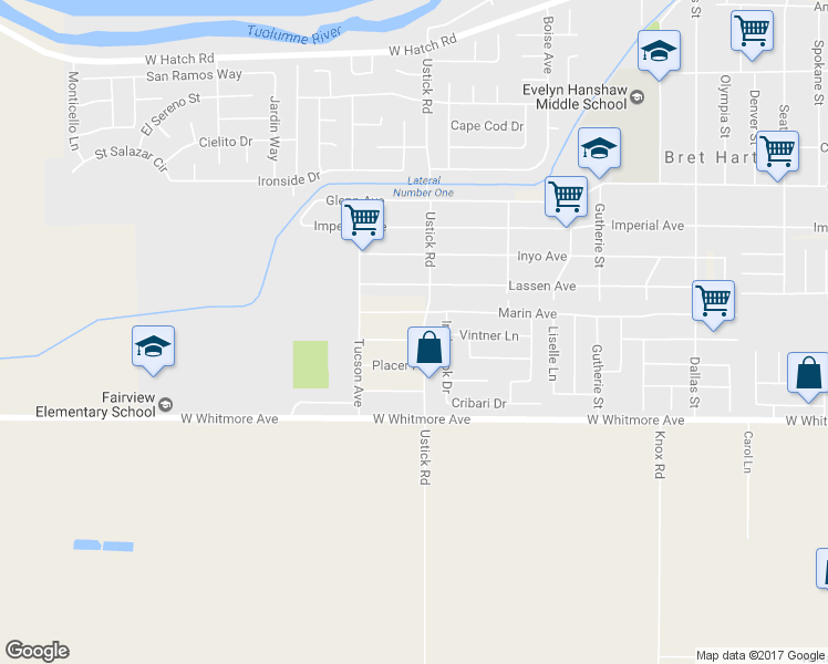 map of restaurants, bars, coffee shops, grocery stores, and more near 1505 Modoc Avenue in Modesto