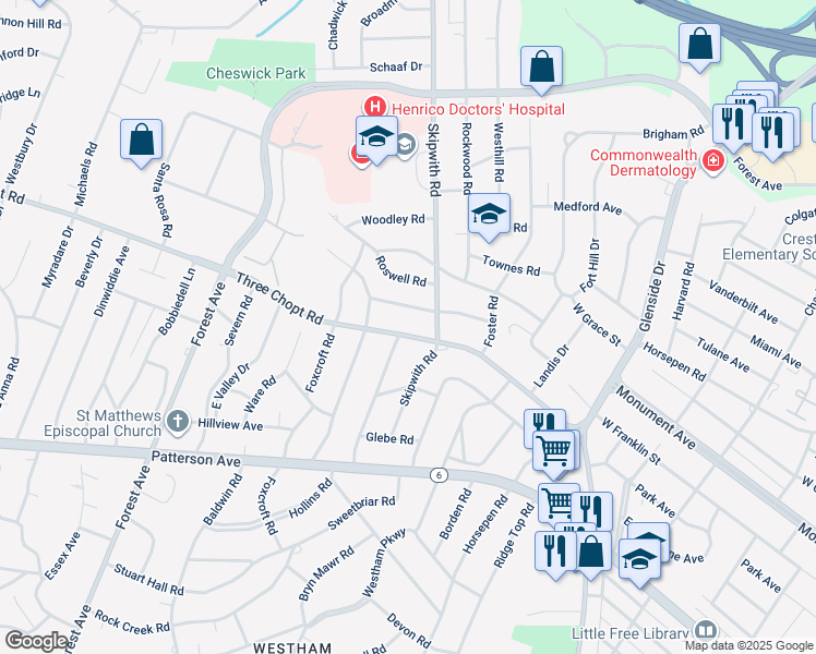 map of restaurants, bars, coffee shops, grocery stores, and more near 7506 Three Chopt Road in Richmond