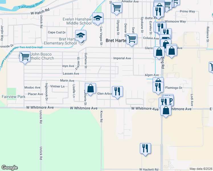 map of restaurants, bars, coffee shops, grocery stores, and more near 709 Park Hurst Way in Modesto