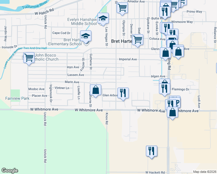 map of restaurants, bars, coffee shops, grocery stores, and more near 709 Park Hurst Way in Modesto