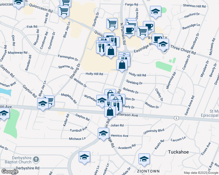 map of restaurants, bars, coffee shops, grocery stores, and more near 8607 Rolando Drive in Richmond