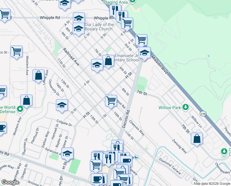 map of restaurants, bars, coffee shops, grocery stores, and more near 33819 9th Street in Union City